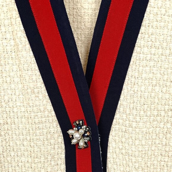 Gucci Beige Pearl Buckle Striped Cotton V-Neck Long Sleeve Knitted Cardigan Coat - Picture 4 of 8